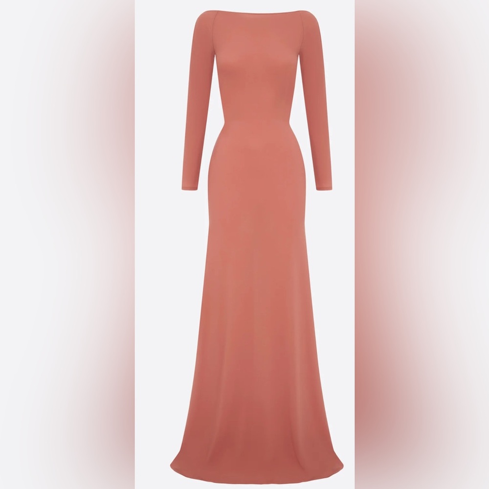 Long Sleeve Open Back Twist Gown in Crepe Jersey